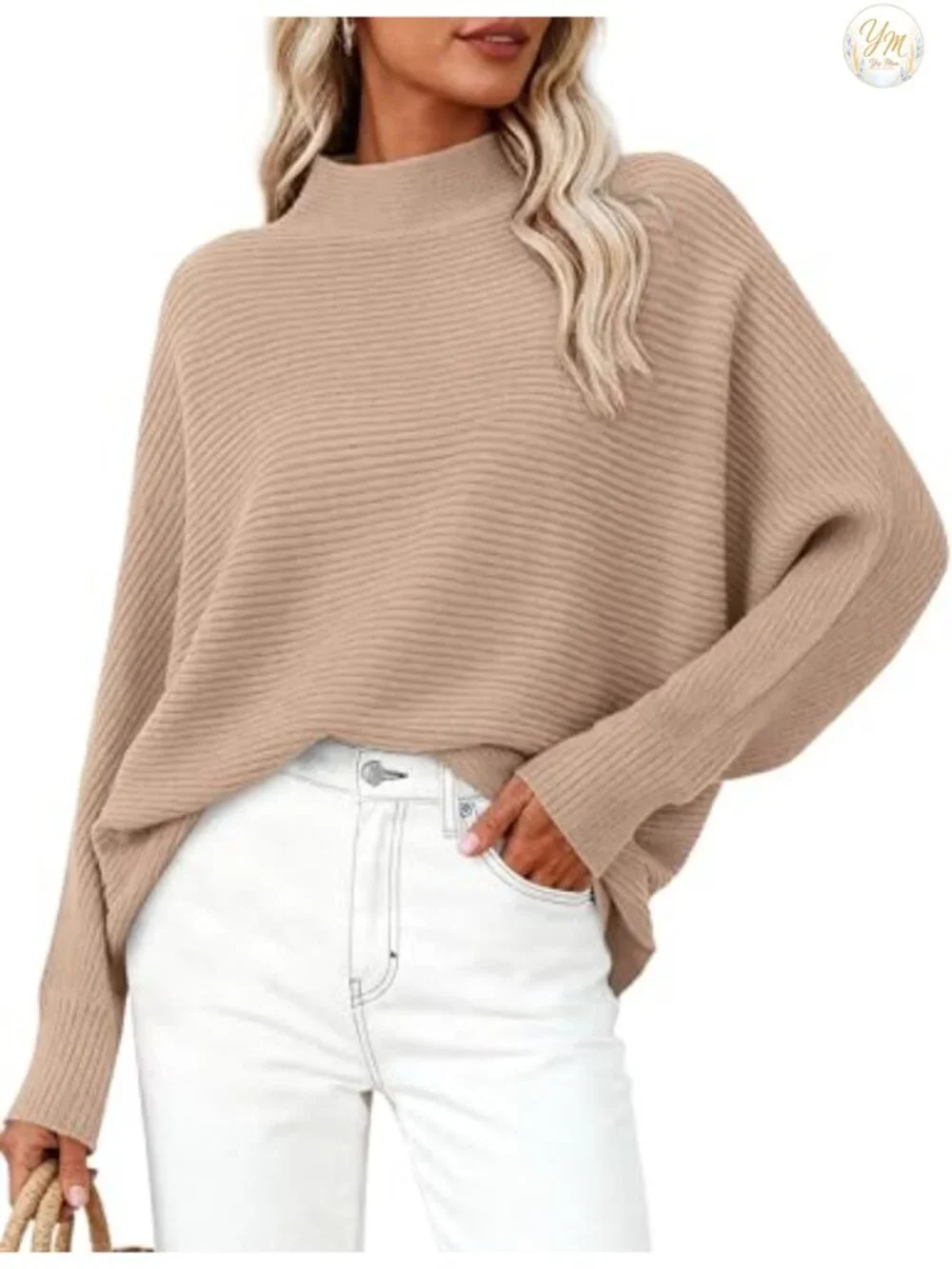 Womens Batwing Long Sleeve Sweater Mock Neck Ribbed Knit Cozy Pullover